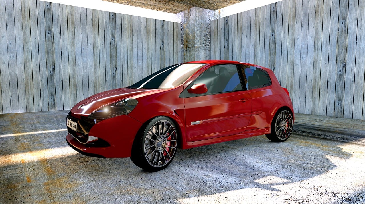 renault clio, car, garage, red car, supermini car, auto, automobile, parked, renault, 3d, car, car, car, car, car, garage, garage, red car